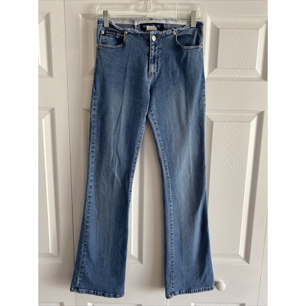 Blue Asphalt Vintage Y2K Flare Jeans Womens Size 1 Blue Frayed Raw Waist Denim